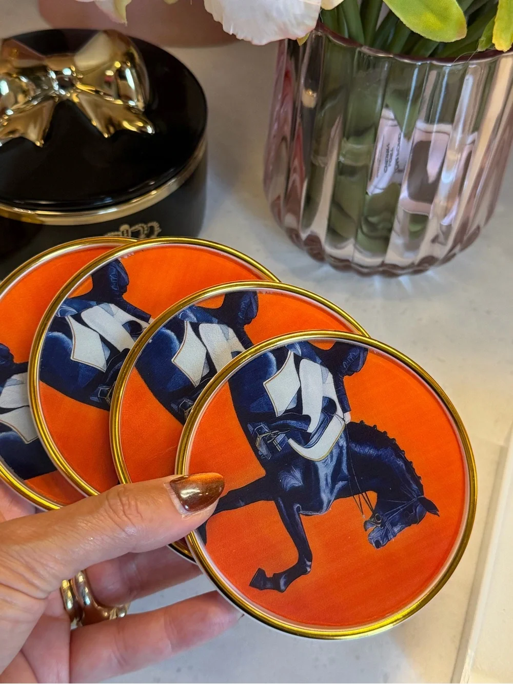 Set of 4 Equestrian Horse Decorative coasters in caddy - dramatic Orange & Navy